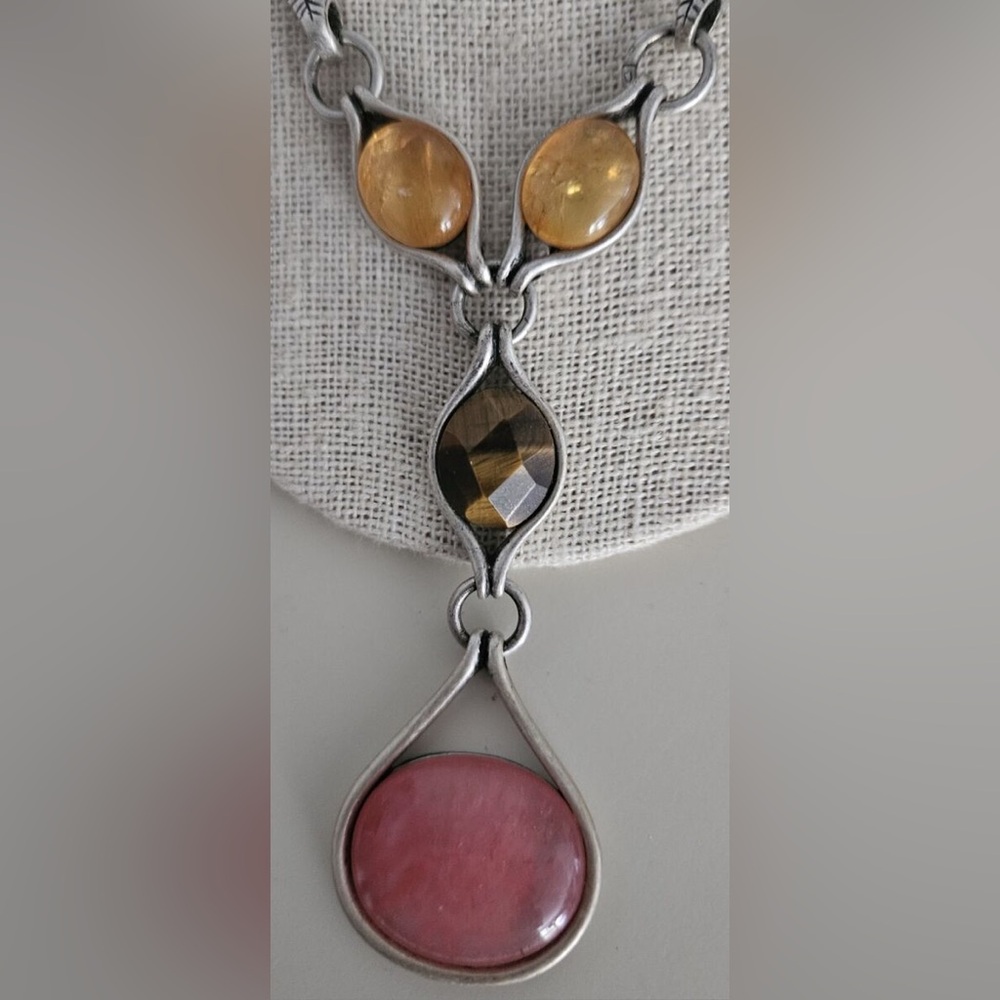 Lia Sophia "Moroccan" Pink Tiger's Eye, Citrine, Matte Silver Necklace